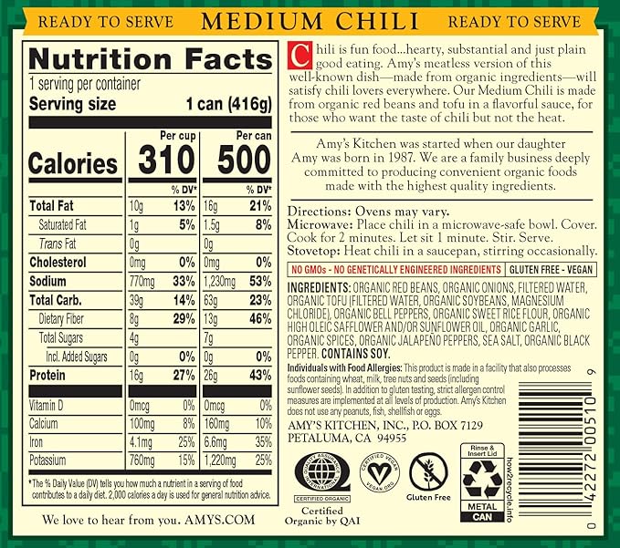 Amy's, Chili, Gluten Free, Vegetarian, Organic, Medium Spice, Jalapeño Pepper, 14.7, Pack of 12 oz