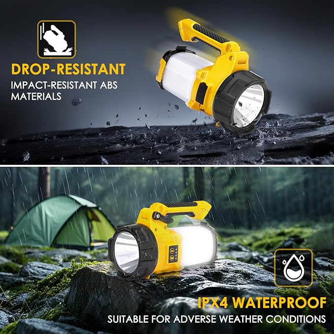 Tripod Rechargeable Camping Lantern, 6 Modes LED Flashlight Handheld Spotlight with 4000LM, 4400mAh Power Bank, IPX4 Waterproof Searchlight Work Light for Emergency Hiking Survival Kit - Yellow
