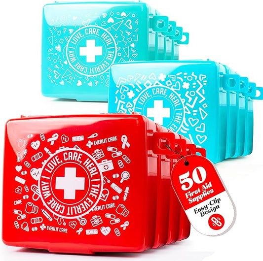 EVERLIT Pocket-Aid Mini First Aid Kit | Compact, Portable Hard-Shell Cases of 50 Items | Cuts, Scrapes, Wound Care Essentials for Travel, Outdoor, School, Camping, Home, Office (12 Packs | 600 Pcs)