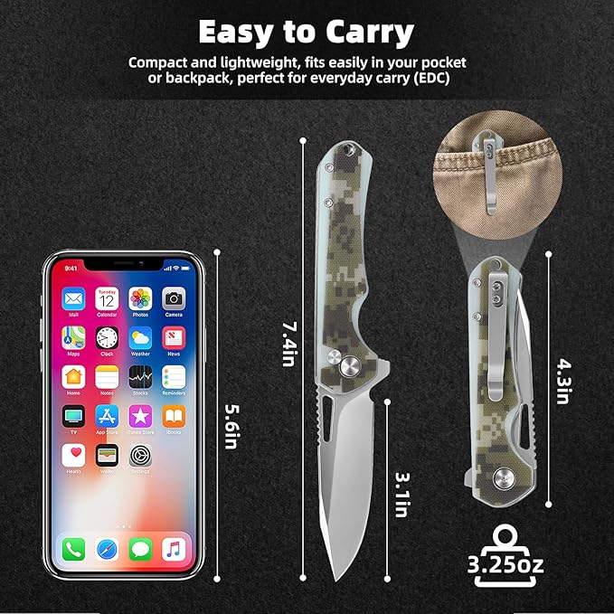 ZENG Folding Pocket Knife, 3.15" D2 Steel Blade Pocket knives, G10 Handle Small EDC Knife, Liner Lock knife, Pocket Knife with Clip for Men Women, Sharp Pocket knives for Camping Hiking Hunting (Camo)