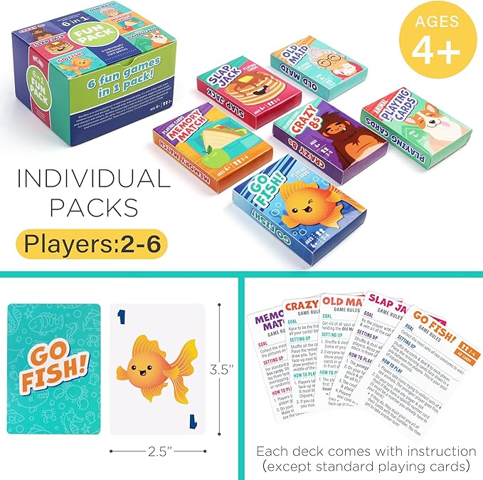 LotFancy Card Games for Kids, 6 Decks, Go Fish, Old Maid, Crazy Eights, Memory Match, Slap Jack, Animal Playing Cards, Easter Basket Stuffers, Stocking Stuffers, Birthday Gifts