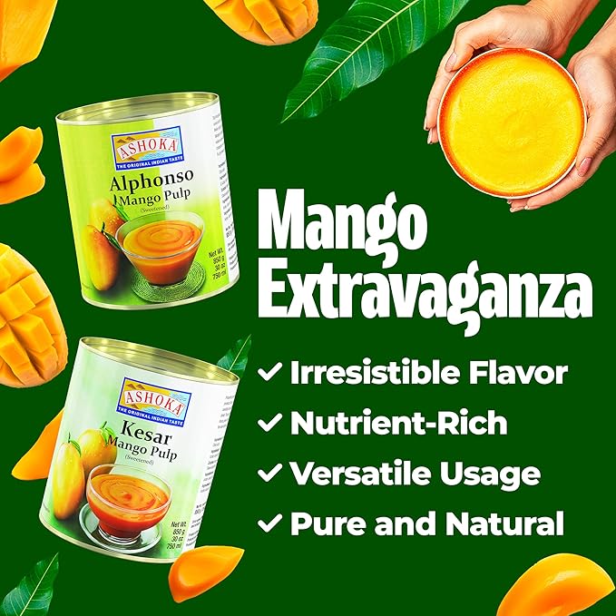 Ashoka Premium Mango Puree, Sweetened Kesar Mango Pulp, Great for Smoothies, Juices, Baking, and Eating as Whole, Rich Mango Concentrate from India, 30 Ounce