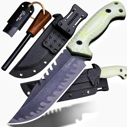 BA-KOR 12.4in Full Tang Fixed Blade Hunting Knife ??6mm 9CR18MoV Steel, G10 Handle, Stonewashed Sawback Blade with Kydex Sheath & Fire Starter for Outdoor, Camping, Survival (White with light green stripes)
