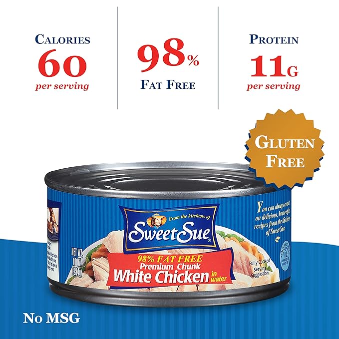 Sweet Sue Chunk White Chicken in Water, 10 oz Can (Pack of 12) - 11g Protein per Serving, 98% Fat Free - Gluten Free, Keto Friendly - Great for Snack, Lunch or Dinner Recipes
