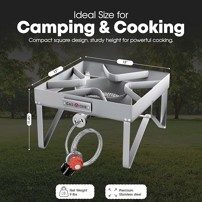 GasOne Stainless Steel Outdoor Propane Burner ??High Pressure Camp Stove with Adjustable Regulator & Steel-Braided Hose