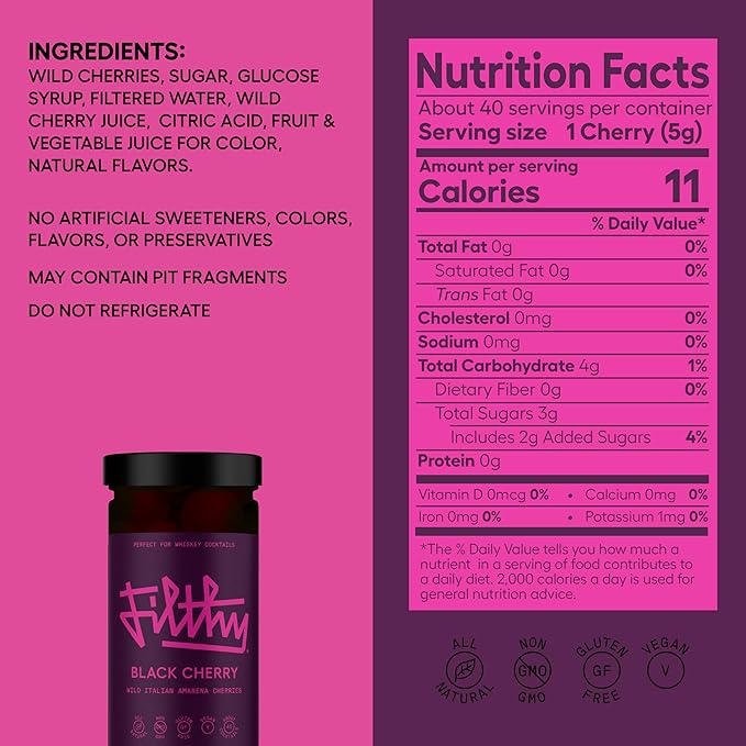 Filthy Cocktail Amarena Black Cherries, Premium Cocktail Garnish, All Natural Wild Italian Amarena Black Cherry, Non-GMO, Gluten Free, Vegan, Slow-Cooked, 11 Oz Jar, 45 Cherries