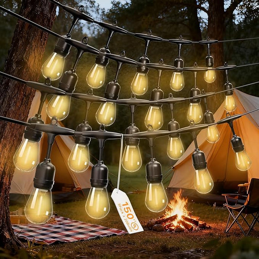 Outdoor Safety String Lights 150FT - Commercial Grade Low Voltage Strand with 60 S14 Shatterproof Bulbs for Tree Garden Yard bistro Cafe | Warm Yellow 3500K Party Lights | IP65 Waterproof | UL Listed