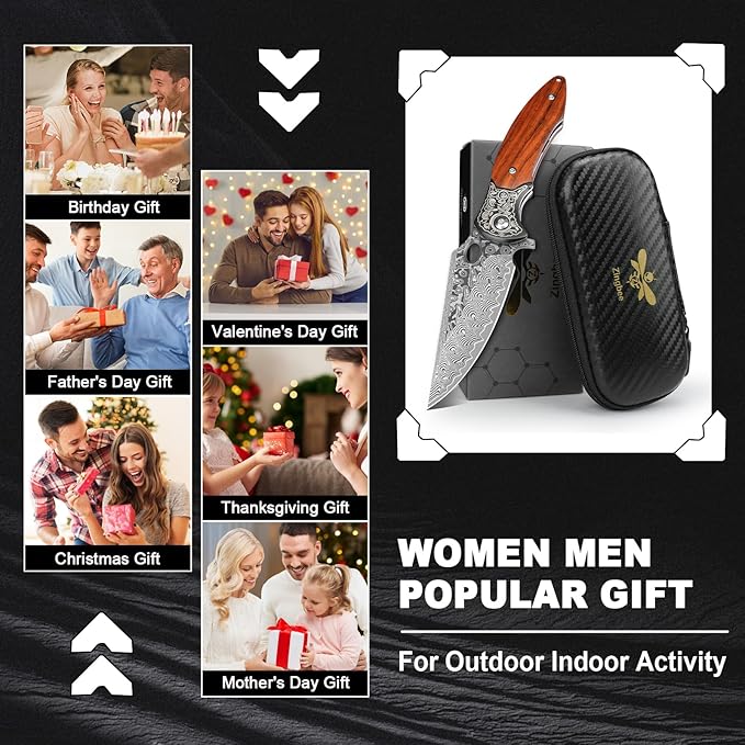 Damascus Pocket Knife, 3.3" Damascus Blade Wooden Handle EDC Pocket Knives & Folding Knives for Men Women