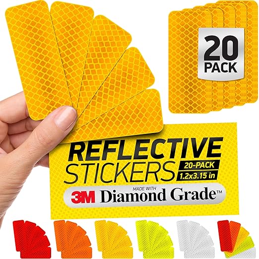 Reflective Safety Tape Stickers | 3M Diamond Grade | Yellow | 1.2″ x 3.15″ | 20-Pack | Safety Warning Tape for Helmets, Cars, Mailboxes & More