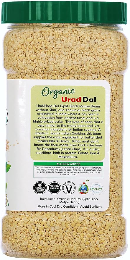 Rani Organic Urid/Urad Dal (Split Matpe Beans Skinless) Indian Lentils 64oz (4lbs) 1.81kg Bulk PET Jar ~ All Natural | Vegan | Gluten Friendly | NON-GMO | Indian Origin | USDA Certified Organic