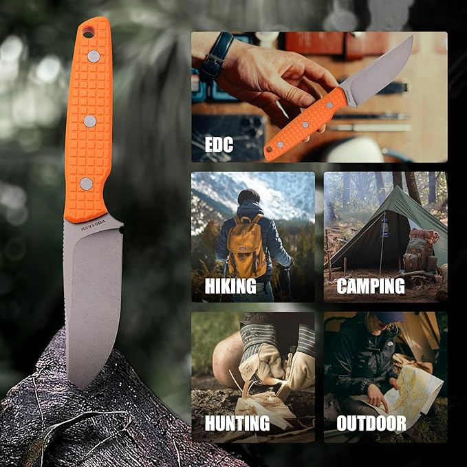 Vosteed Mink EDC Fixed Blade Knife - 3.33?™â€?Nitro-V Dual Jimping Blade with Sheath, Full-Tang Orange Handle, Great for Outdoor Camping - D0105