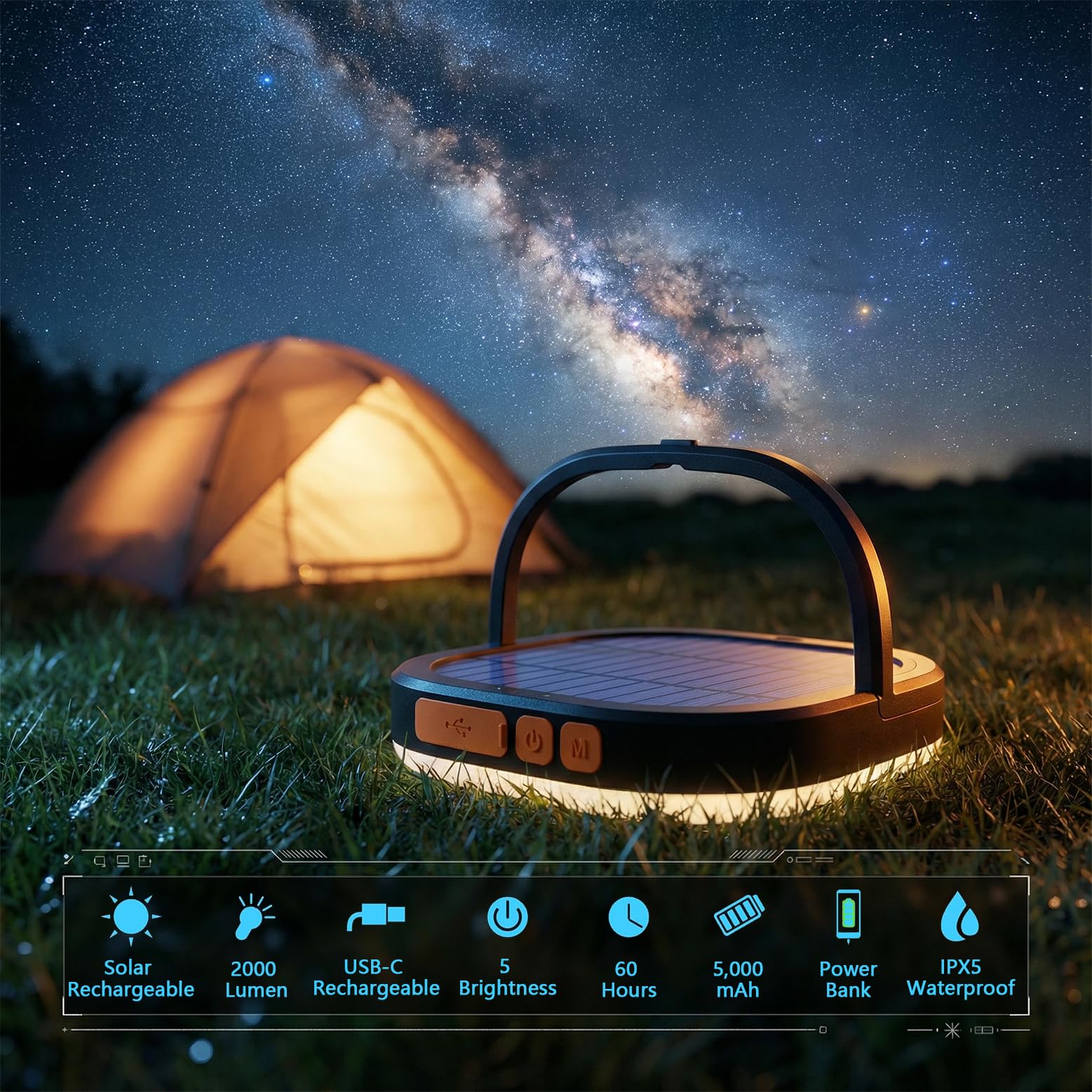 LED Camping Lantern, Solar Lanterns, 5000mAh Rechargeable Light 2000 Lumens 5 Light Modes, IP65