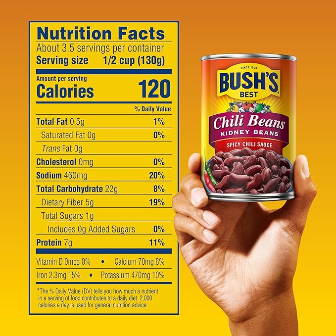 BUSH'S BEST 16 oz Canned Spicy Dark Red Chili Beans, Source of Plant Based Protein and Fiber, (Pack of 12)