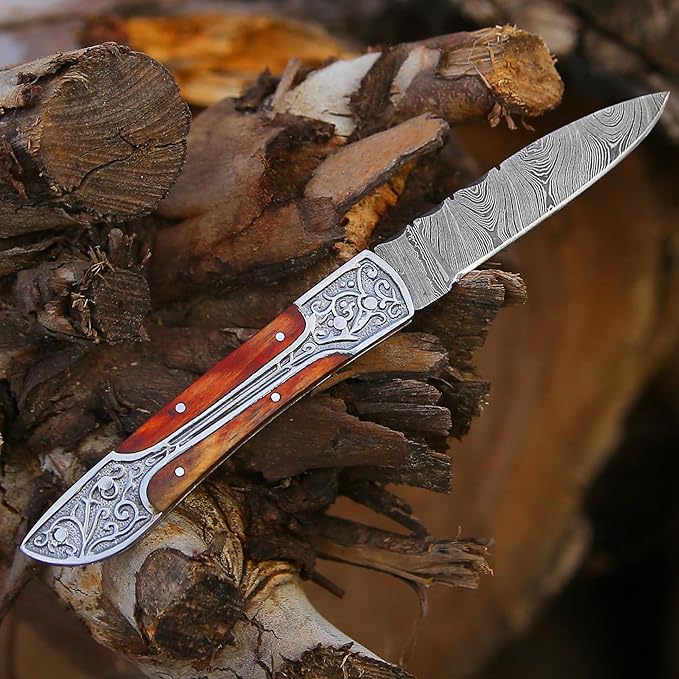 6.5 inch Damascus Pocket Knife with Sheath, Handmade Folding Pocket Knife for Men, Black-Red Wooden Handle with Brass Bolster, Secure Lock Back Camping Knife for EDC,Hunting,Hiking (Multi)