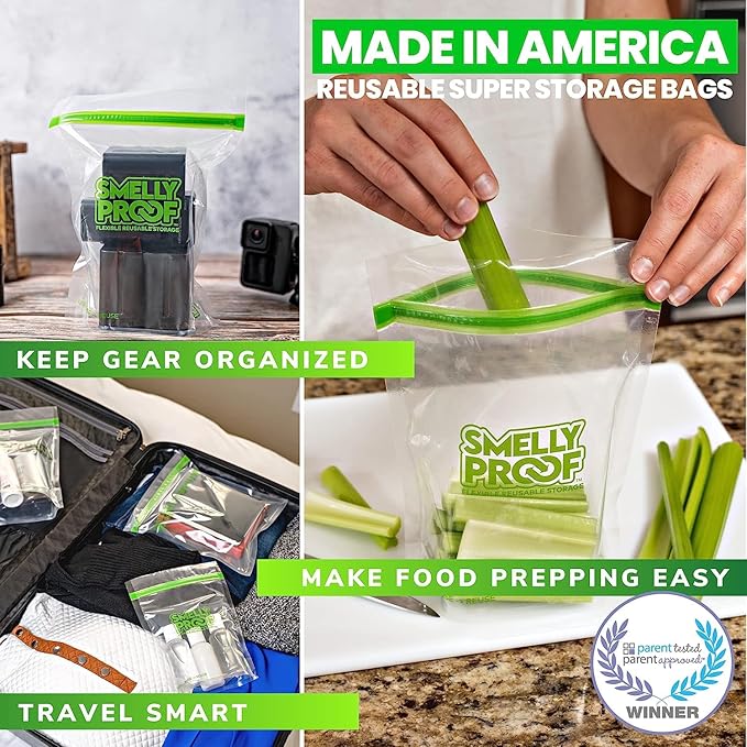 Smelly Proof 15 x Expandable Stand & Fill REUSABLE Storage Bags for Food Designed & Mfg in US, BPA FREE, NO PEVA, Reusable Sandwich Bags, Dishwasher-Safe, Clear 3 mils STAND UP 6.5" x 7.5" - 15pk