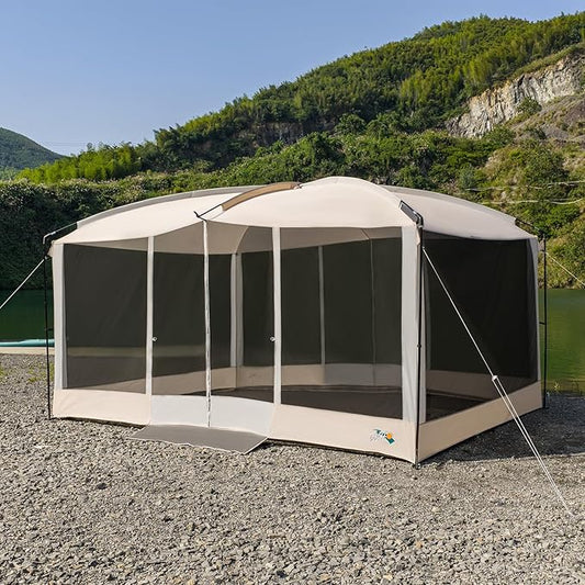 Screen House Tent 13x9ft Screen Room Mesh Gazebos w/ 2 Magnetic Doors, Included Projection Screen, Camping Tent Screened Canopy Shelter for Outdoor Patios Backyards Activities (Beige)