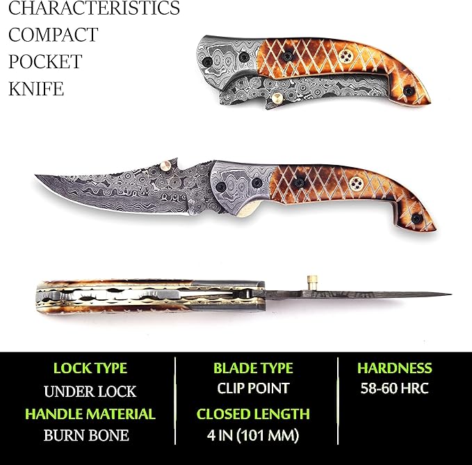 Handmade Damascus Folding Knife for Men with Burn Bone, 7.5 inch Pocket Knife with Sheath,Tactical Camping Knife with Liner Lock for Outdoor, Survival, Hunting, Fishing,