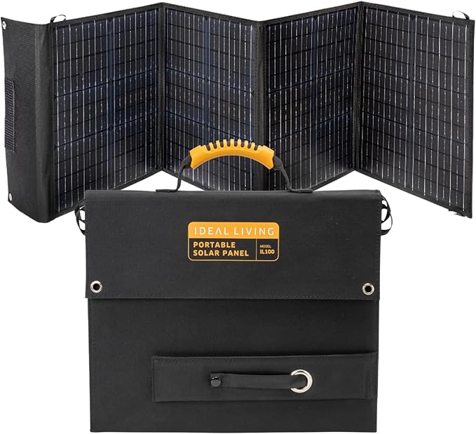 Ideal Living Portable Solar Panel IL100 | Lightweight, Water Resistant, with Built-in Voltage Converter | for Camping, Travel, Emergencies & Power Outages | USB Ports
