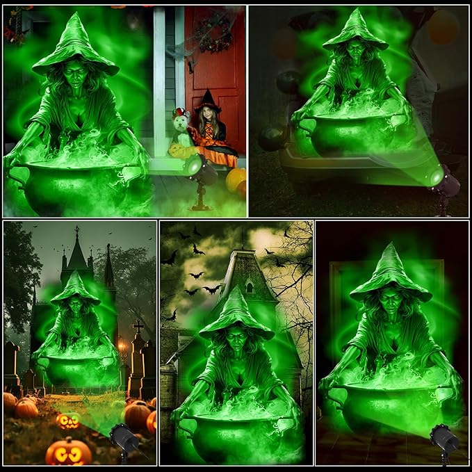 Treela Halloween Projector Lights Outdoor Dynamic Witches and Cauldron Lights Decoration Outside Indoor LED Landscape Lamp for Holiday Garden Supplies(Green)