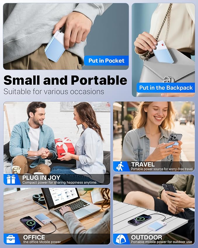 Portable Charger Power Bank, 10000mAh 22.5W PD Super Fast Charging Powerbank with Built-in USB C in&Out Cable, Slim External Phone Battery Pack for iPhone 17/16/15 iPad Samsung S24 Android etc