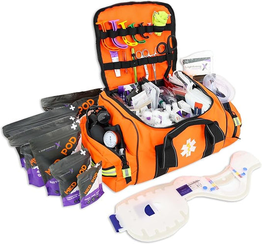 Lightning X MB30-SKC Large EMT Trauma Kit | Fully Stocked First Responder Bag w/ 240+ Supplies | EMS Fire Police Office Sports Team Emergency Medical Kit - Orange