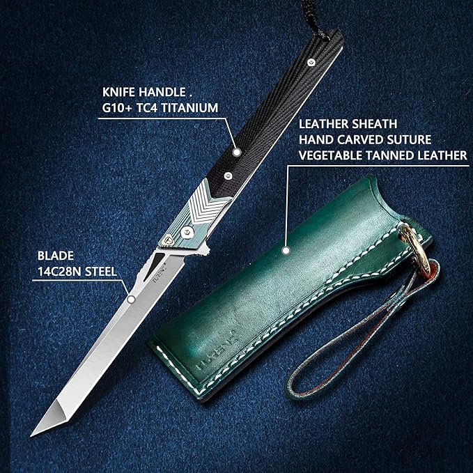 Folding Knife with Clip, 14C28N Steel Tanto Blade, Non-slip Titanium Alloy Handle Lightweight EDC Gentleman's Pocket Knife with Sheath for Belt
