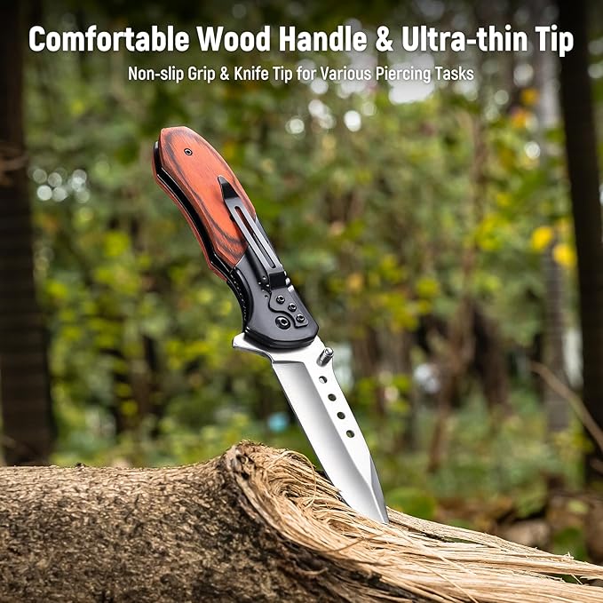 Pocket Knife for Men - 3.46" Sharp Blade Wood Handle Pocket Folding Knives with Clip, Glass Breaker - EDC Knives for Camping Survival Fishing Outdoor Hiking Women Men,Black-Silver