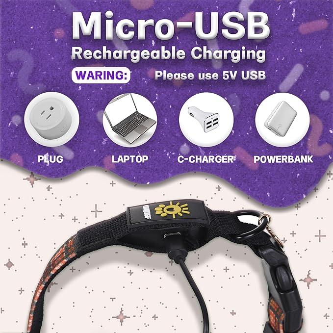 DOGWONG LED Dog Collar - Fall Orange Plaid Heavy Duty Light up Dog Collars - Rechargeable Waterproof - Lighted Dog Collars for Night Walking, Hiking, Camping(Orange Plaid,L)