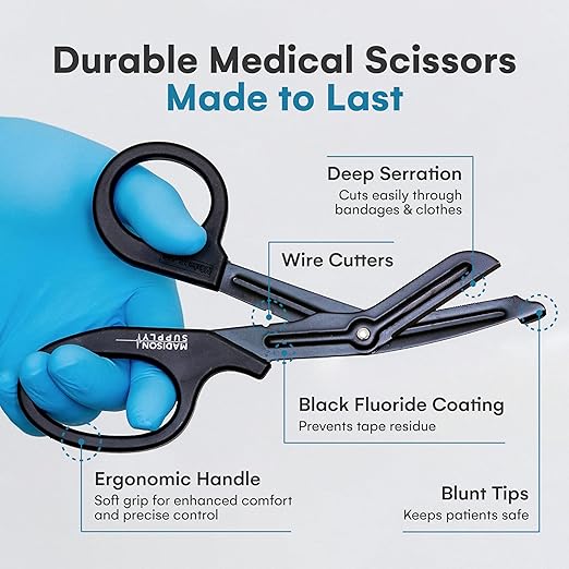 Madison Supply 7.5 Inches Premium Stainless Steel Nurse Scissors - Non-Stick Coated Blades Medical Scissors - Durable Fluoride-Coated Trauma Shears - Black