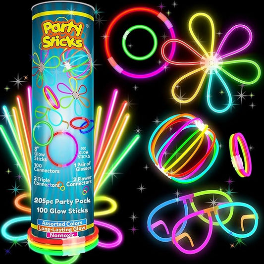 PartySticks Bulk Party Supplies 205 Piece Glow in The Dark 100 Glow Sticks with Eye Glasses, Bracelets, and Connectors