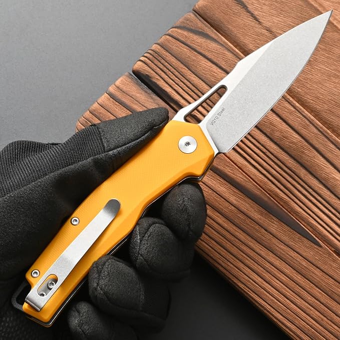 FF21 Folding Pocket Knife,VG10 Steel Blade G10 Handle Full Tang Knife for Outdoor Activities Camping Hunting Fishing(Yellow)