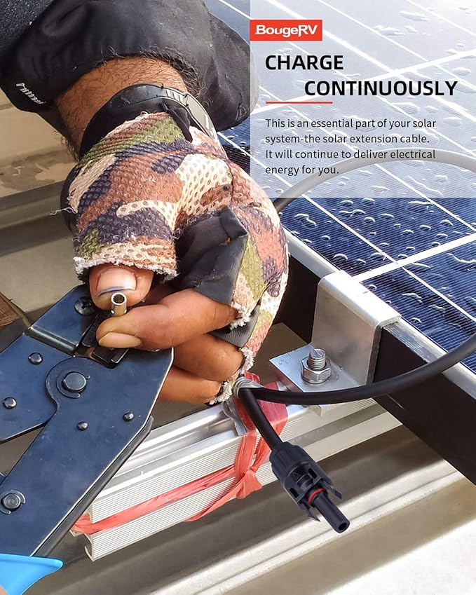 BougeRV 10 Feet 12AWG Solar Extension Cable with Female and Male Connector with Extra Pair of Connectors Solar Panel Adaptor Kit Tool (10FT Red + 10FT Black)