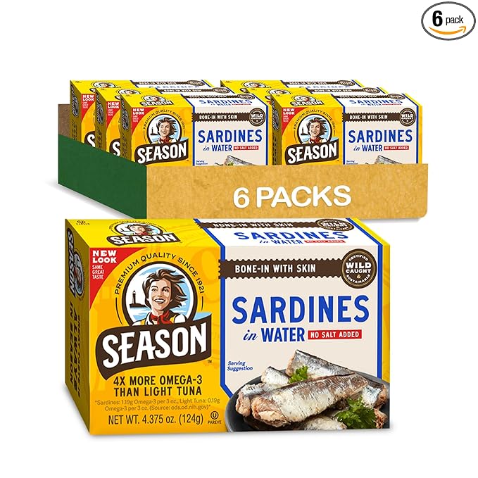 Season Sardines in Water - No Salt Added, Wild Caught, 22g of Protein, Keto Snacks, More Omega 3's Than Tuna, Kosher, High in Calcium, Canned Sardines - 4.37 Oz Tins, 6-Pack