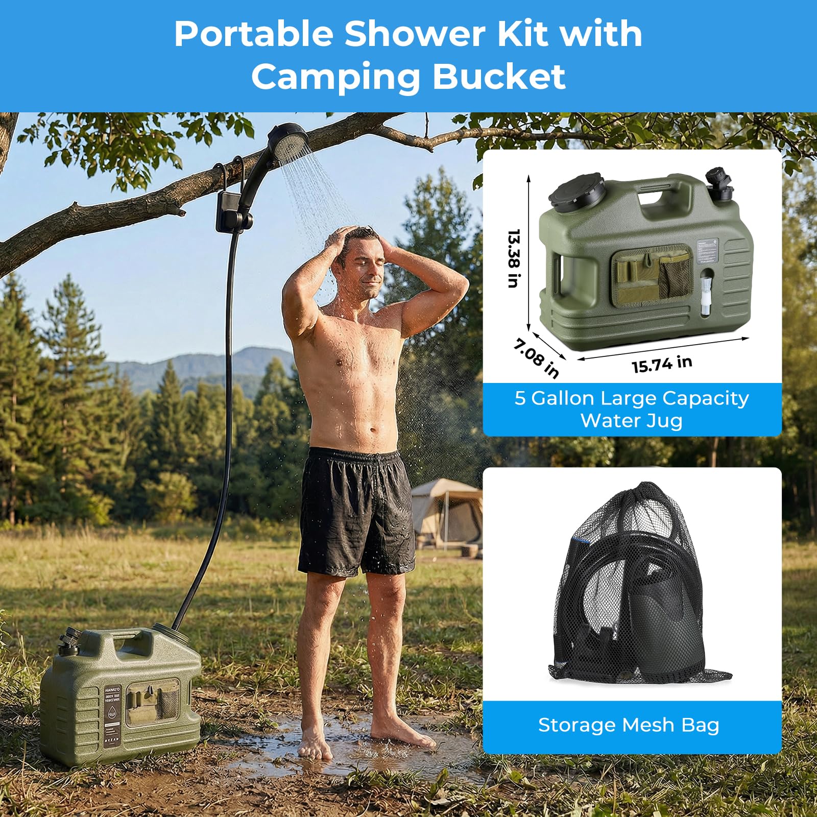 Portable Camping Shower Kit with 5 Gallon Water Jug, 8000mAh Rechargeable Shower Pump IPX8