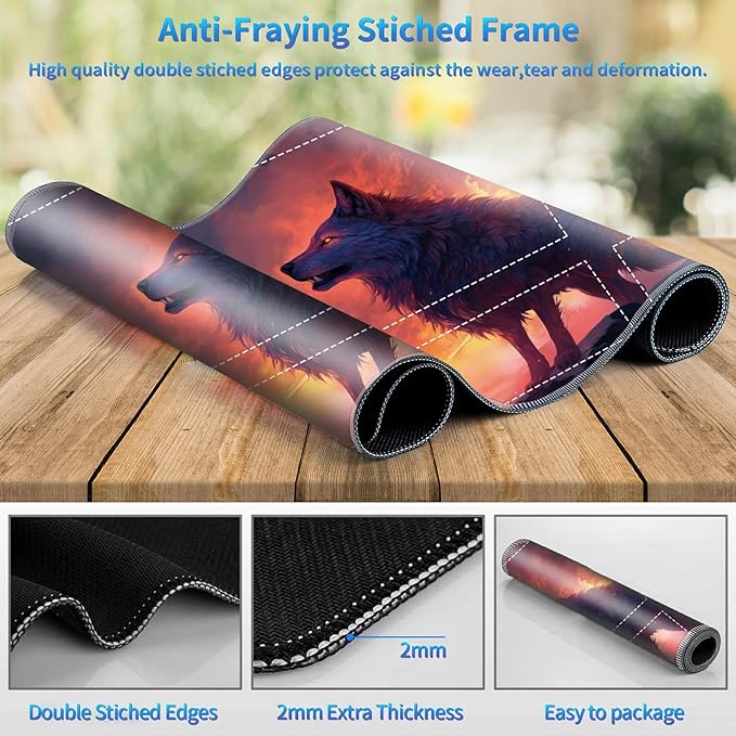 Playmat for MTG with Zones, 24 x 14 inches Game Play Mat for MTG TCG, Trading Card Game Play Mat Desk Mats with Stitched Edges Non-Slip Base, Fire Wolf