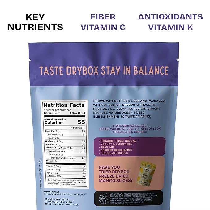 Drybox Freeze Dried Mixed Berries | 100% Natural Fruit | Freeze Dried Berry Source | No Sugar & Additives | Healthy Snack & Topping for Beverages or Recipes | Non-GMO, Vegan, Gluten Free, 0.56 oz 1 pack