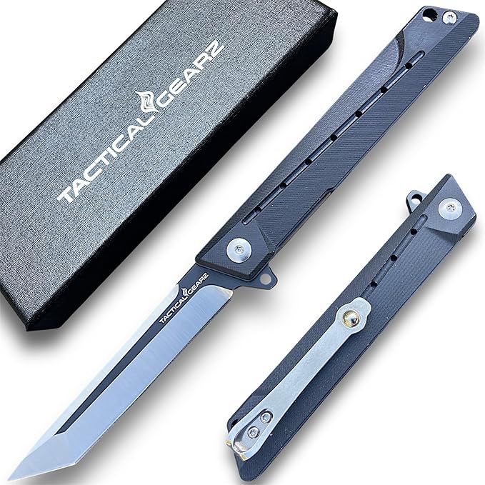 TACTICAL GEARZ Pocket Folding Knife for EDC, G10 Handle, D2 Steel Tanto Blade, Includes Sheath (Nyx Shadow)