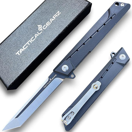 TACTICAL GEARZ Pocket Folding Knife for EDC, G10 Handle, D2 Steel Tanto Blade, Includes Sheath (Nyx Shadow)