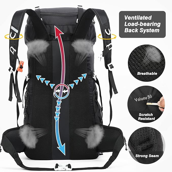 HOMIEE 50L Hiking Backpack Travel Bag Waterproof Camping Rucksack with Rain Cover Lightweight Backpacking Backpack