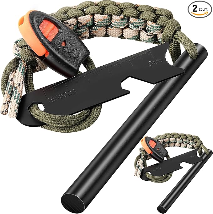 Survival Fire Starter, 4 Inch Ferro Rod, Flint Fire Starters for Hiking and Camping, Flint and Steel Survival Tool with Paracord and Emerge