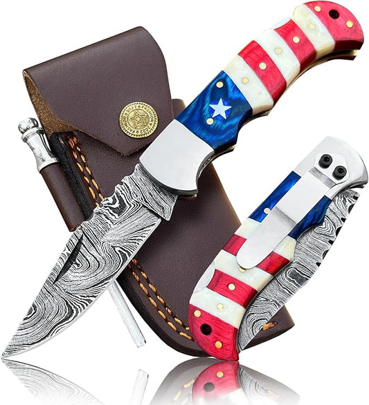 Damascus Steel Pocket Knife with Clip and Leather Sheath - EDC Knife for Outdoor and Camping Activities, Handmade Folding Knife, Free knife Sharpner (American Flag handle) (American Flag Handle)