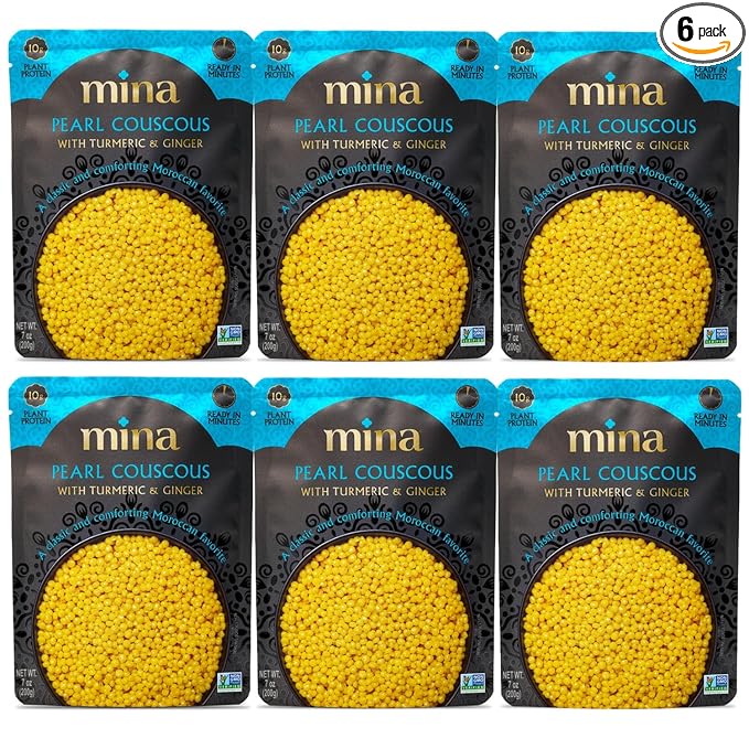 Mina Pearl Couscous, With Turmeric & Ginger, Ready to Eat, Couscous Pearls, Microwavable Meals & Side Dishes, Vegan Protein, Non-GMO, Kosher, 7 oz (Pack of 6)