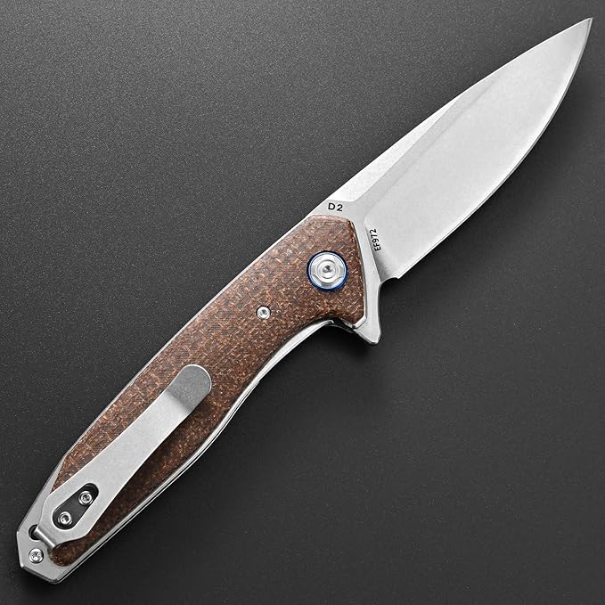 Eafengrow EF972 Folding Knife, D2 Steel Blade Micarta Handle Pocket Knife Folder for Outdoor Camping Hiking Working EDC Tool Knife(Brown)