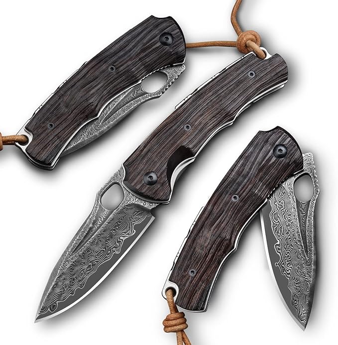 Folding Knife 3in Handmade VG 10 Damascus Steel Knife Pocket Knife, Leather Case, Ebony Handle, with Padded Lock, Suitable for Outdoor Camping Fishing and Carrying Knives