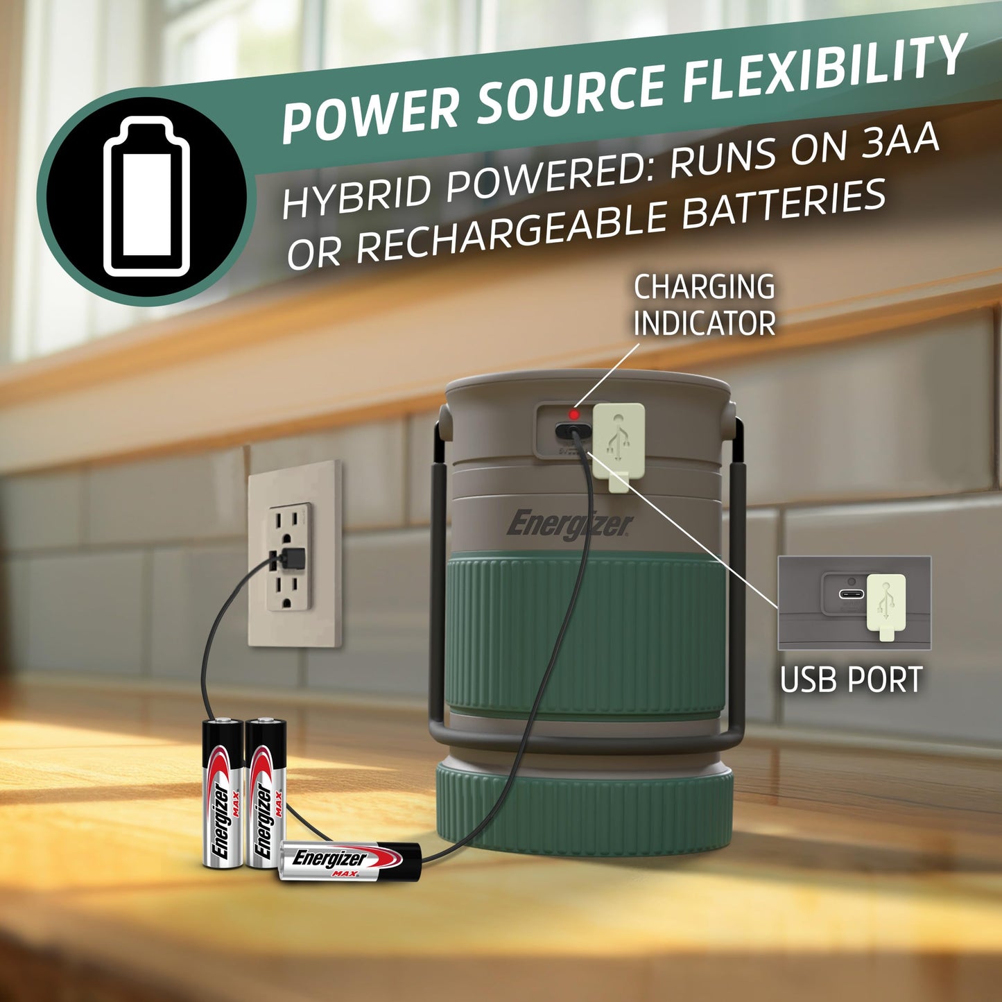 Energizer S-500 Hybrid Power Camping Lantern, Solar, Rechargeable, or AA Battery Powered, IPX4