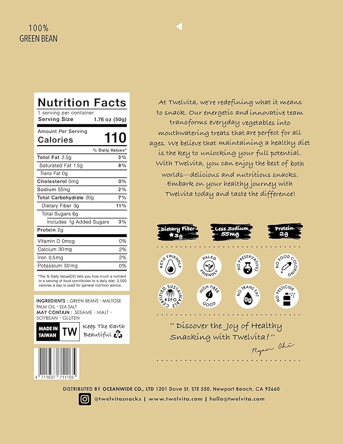 TwelVita Natural Baked Green Bean Crisps, Vegan Snacks, Clean Label, Non-GMO, Gluten-Free, 1.76 oz ea, Pack of 4