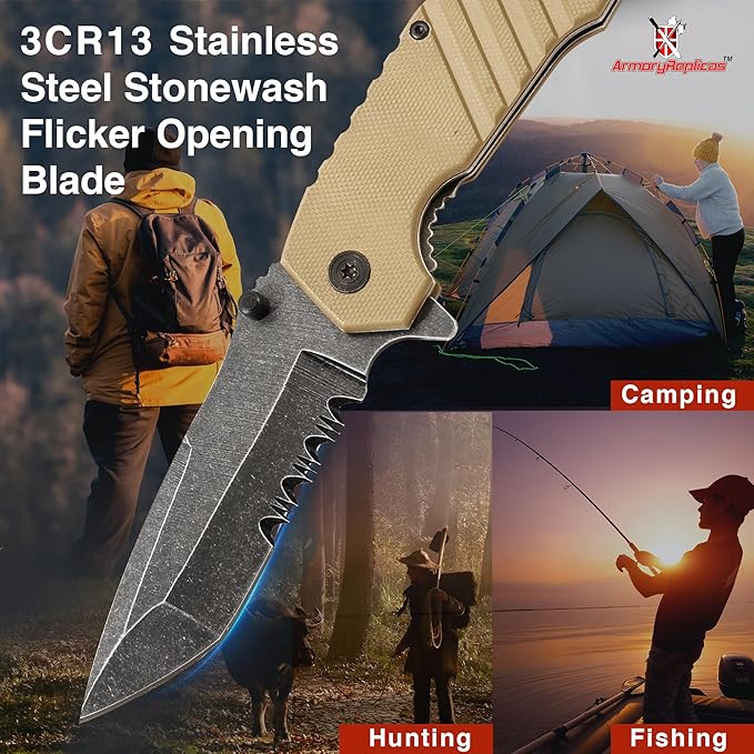 Armory Replicas??Spring Assisted Tanto Folding Knife ??3CR13 Steel Blade with Serration, G10 Handle, Liner Lock, Thumb Stud & Pocket Clip ??EDC Tactical Knife