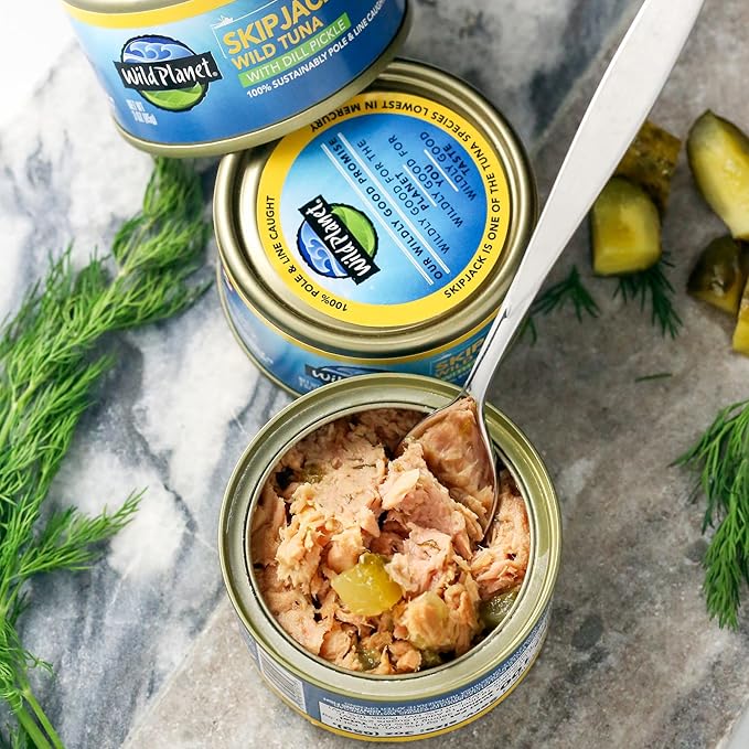 Wild Planet Wild Skipjack Tuna with Dill Pickle Tinned Fish, Canned Tuna, Sustainably Wild-Caught, 3 oz pack of 12