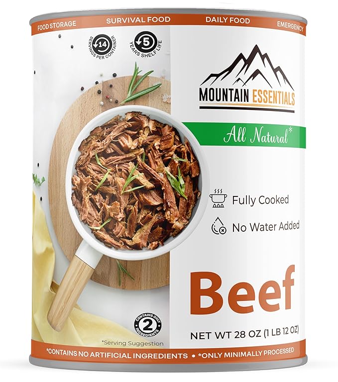 MOUNTAIN ESSENTIALS All Natural Canned Beef 28 Oz – Fully Cooked, Ready to Eat, Gluten Free – Canned Meat for Daily Use, Emergency, Survival & Camping – 5-Year Shelf Life – Made in USA – Pack of 1