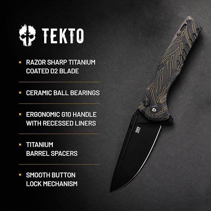 F3 Charlie Button Lock Folding Knife, Oversized Fine Edge Blade, Tactical Damascus G10 Handle - Easy Open Pocket Knife with Titanium Coated D2 Steel & Black Titanium Barrel Spacers